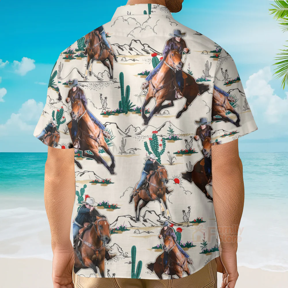Custom Photo Cowboy Barrel Racing Tropical Desert - Personalized Hawaiian Shirt - Image 3