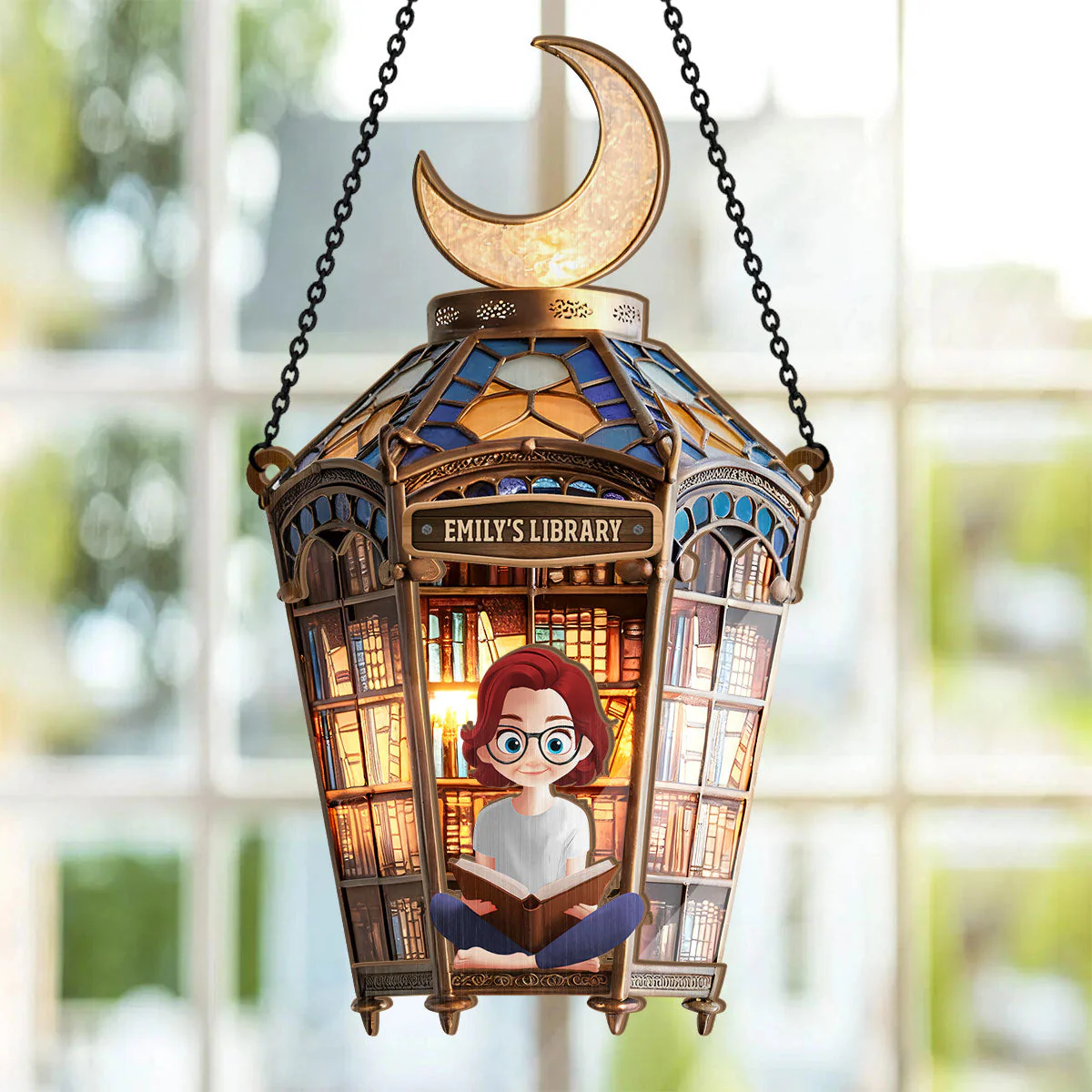 Crescent Moon Old Library - Personalized Window Hanging Suncatcher | CLB2