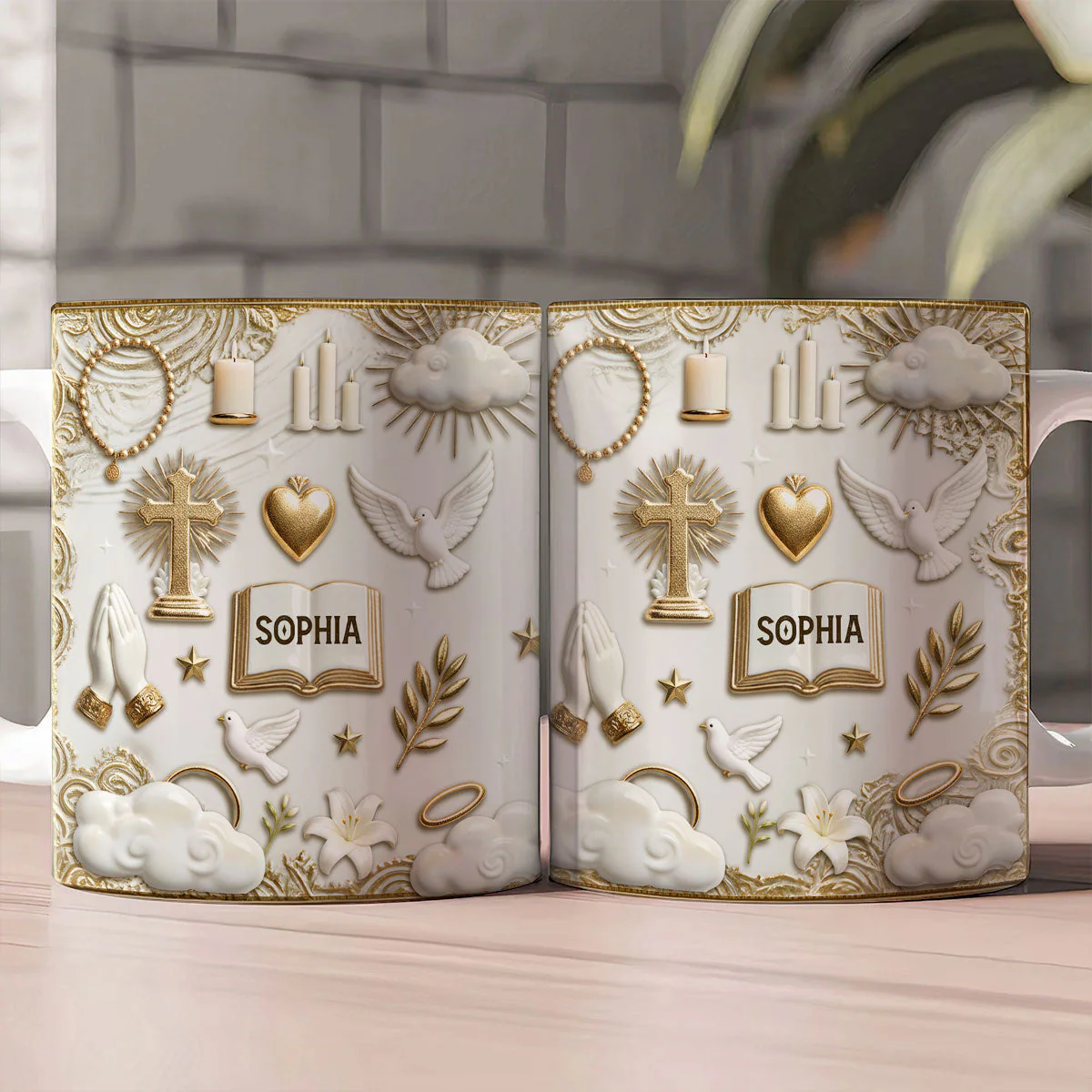 Cross, Dove, Bible & Prayer - Personalized White Edge-to-Edge Mug - Christian Gift For Her BA01 - Image 2