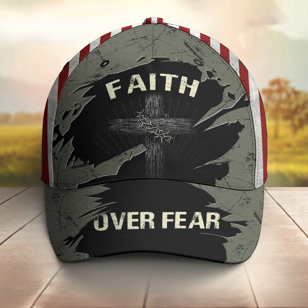 Cross Faith Over Fear Hat Vintage USA Flag Baseball Religious Christian - Classic Cap - Image 2