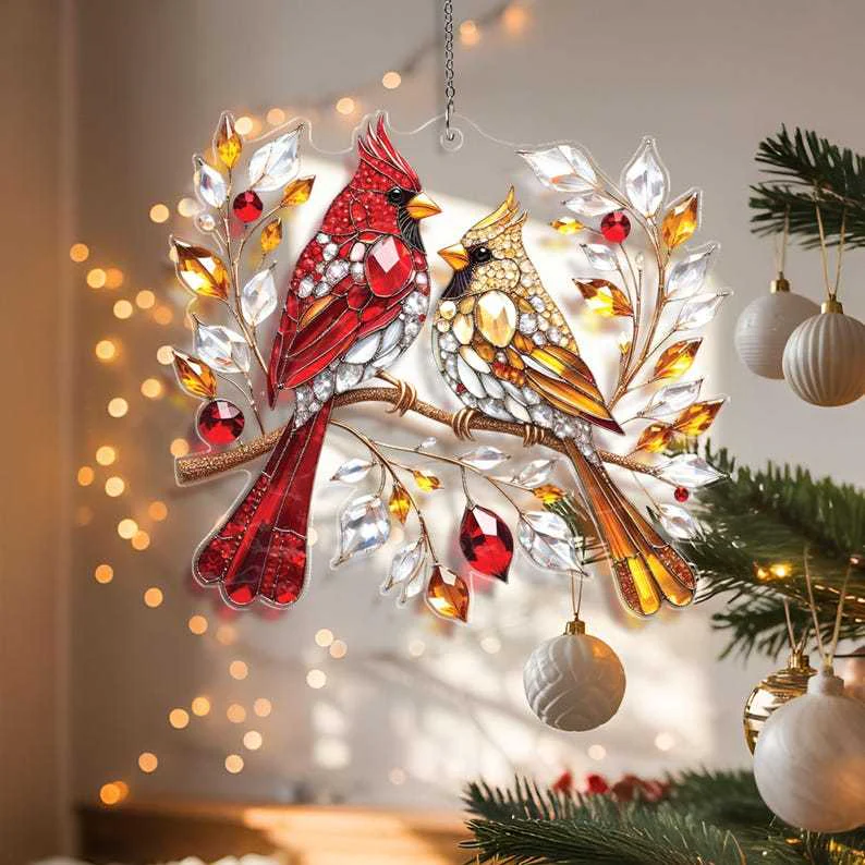 Crystal Red Cardinal Bird Couple - Personalized Windown Hanging Suncatcher - Christmas Gift For Family, Memorial Human HH01 - Image 3