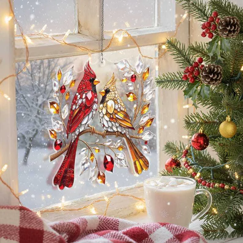 Crystal Red Cardinal Bird Couple - Personalized Windown Hanging Suncatcher - Christmas Gift For Family, Memorial Human HH01 - Image 5