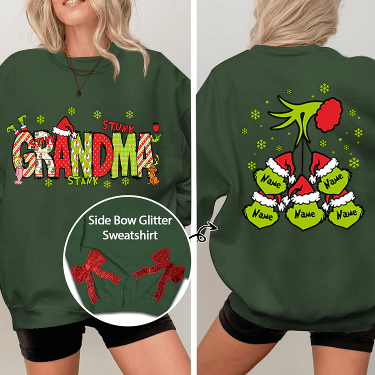Custom Name Side - Gift For  For Grandma And Kids - Personalized Bow Red Glitter Embroidered Sweatshirt - NH96 - Image 2