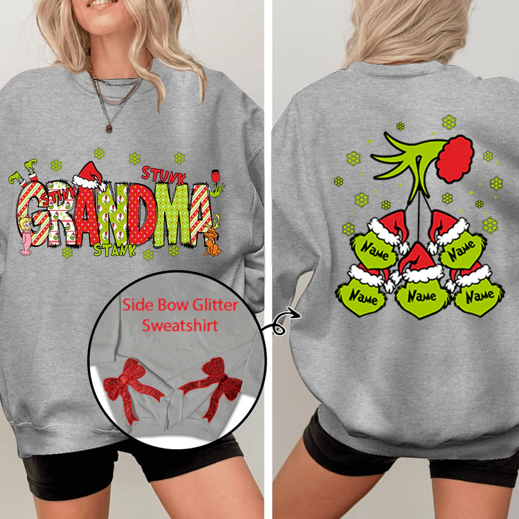 Custom Name Side - Gift For  For Grandma And Kids - Personalized Bow Red Glitter Embroidered Sweatshirt - NH96 - Image 4