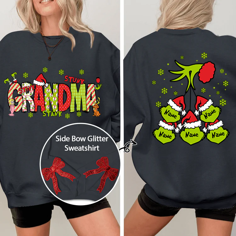 Custom Name Side - Gift For  For Grandma And Kids - Personalized Bow Red Glitter Embroidered Sweatshirt - NH96 - Image 8