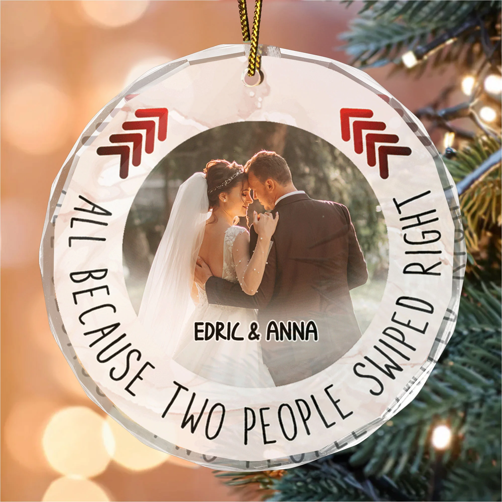 Custom Photo All Because Two People Swipe Right Couple - Gift for Couples, Wedding - Personalized Glass Ornament - Image 2