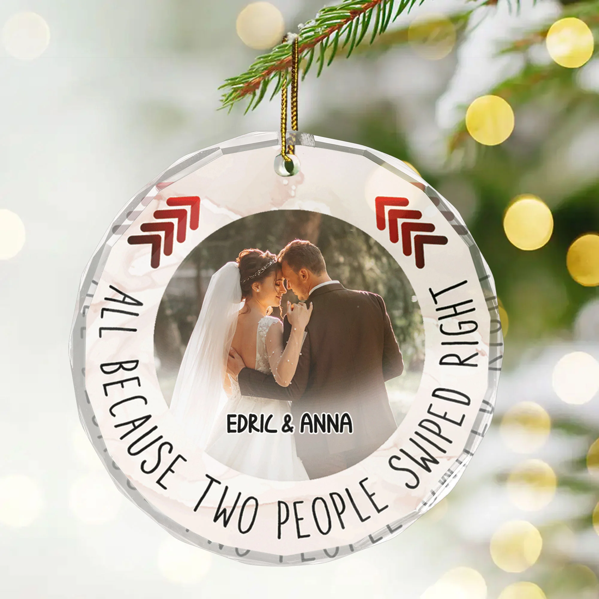 Custom Photo All Because Two People Swipe Right Couple - Gift for Couples, Wedding - Personalized Glass Ornament - Image 3