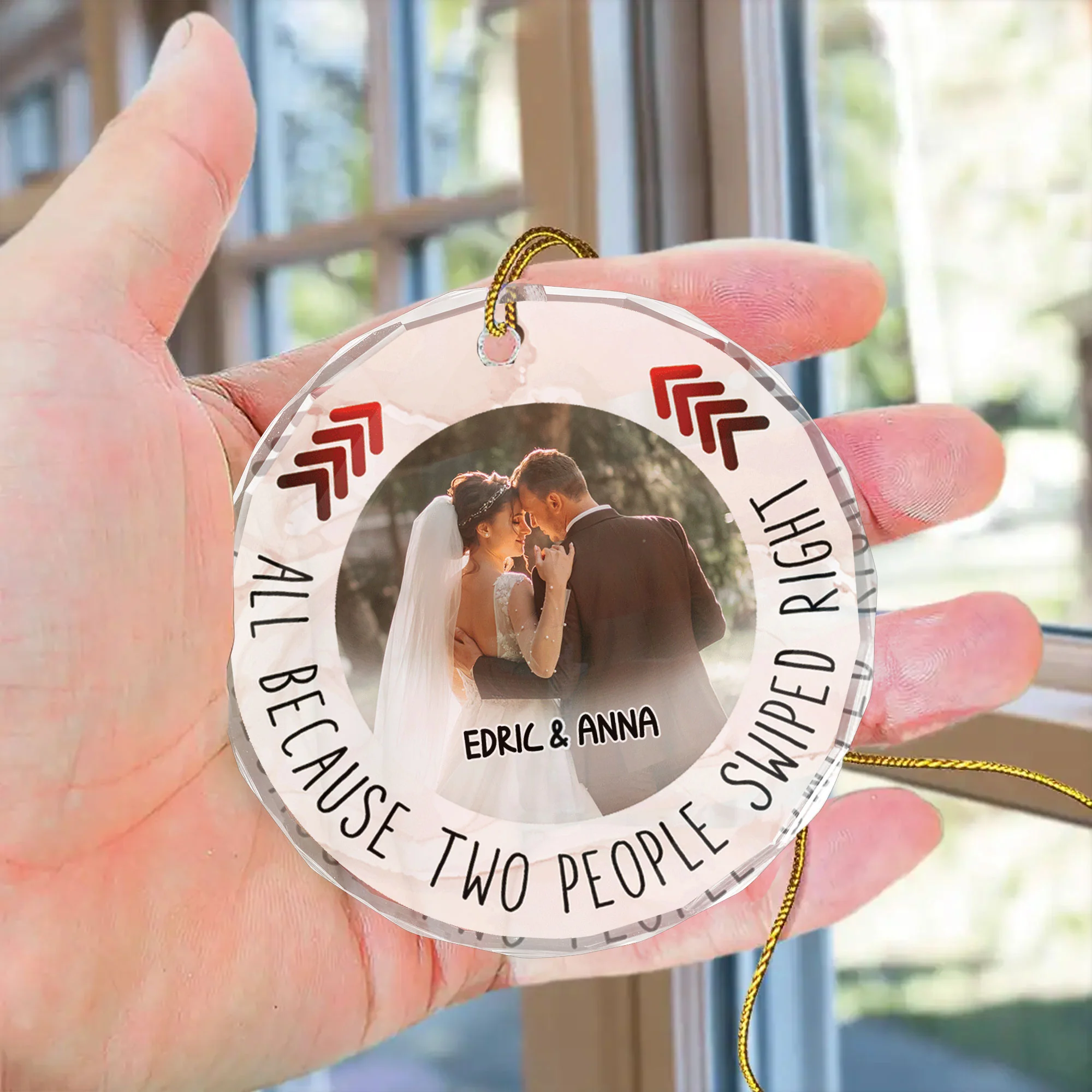 Custom Photo All Because Two People Swipe Right Couple - Gift for Couples, Wedding - Personalized Glass Ornament - Image 4