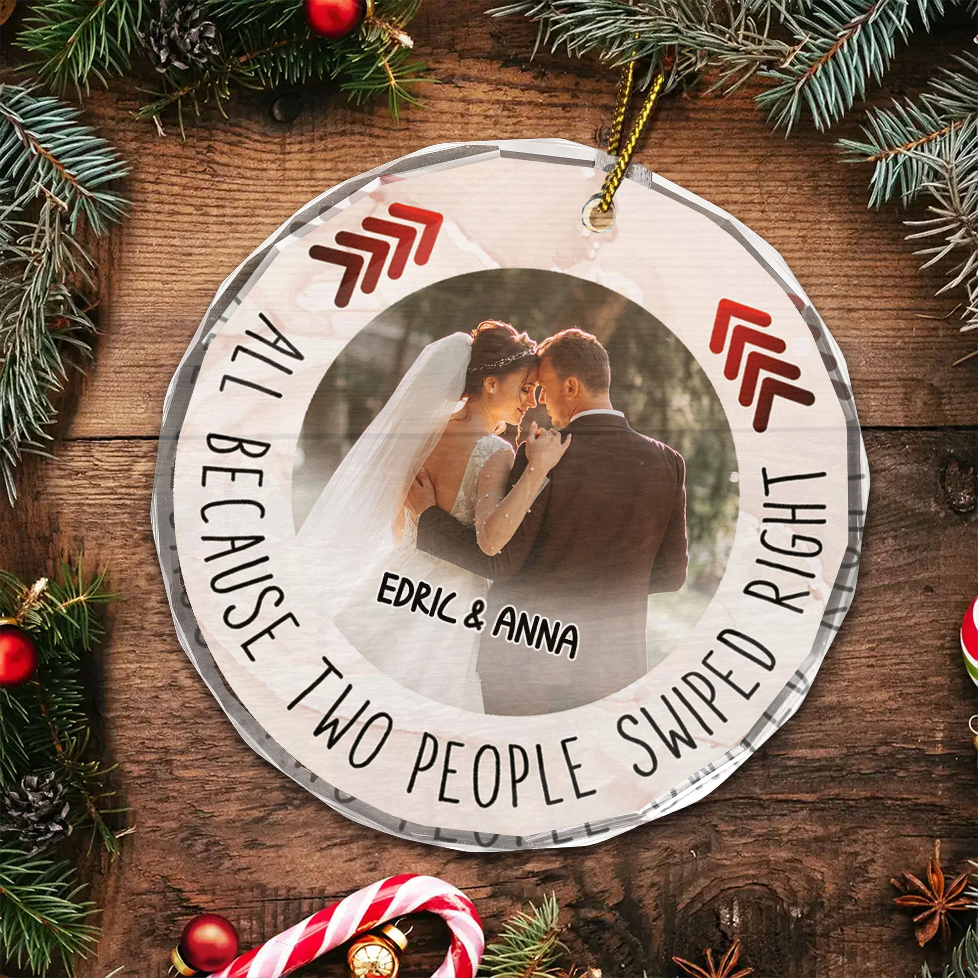 Custom Photo All Because Two People Swipe Right Couple - Gift for Couples, Wedding - Personalized Glass Ornament - Image 5
