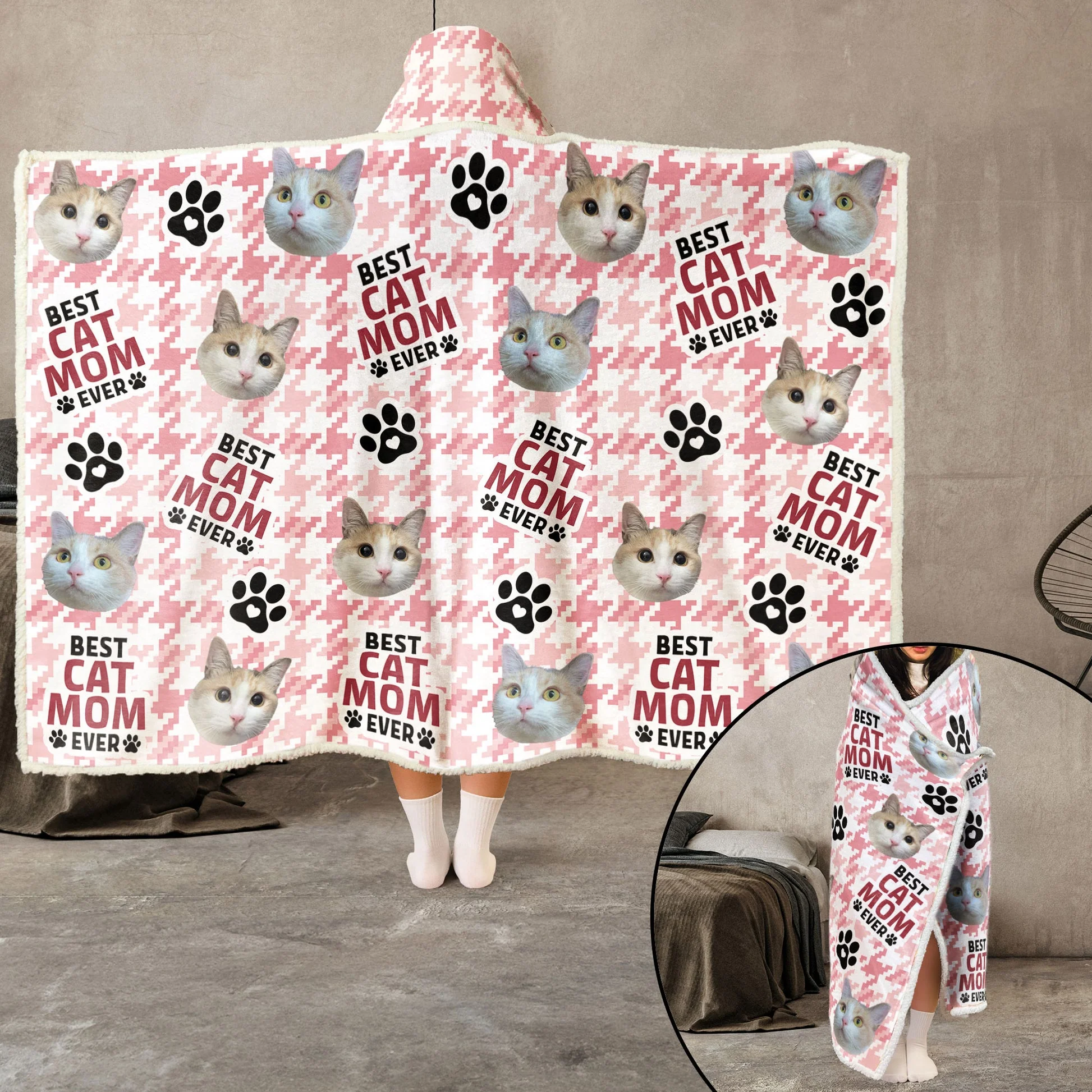 Custom Photo Best Cat Mom Ever - Personalized Wearable Hooded Blanket - Gift For Pet Lovers - NA94 - Image 3