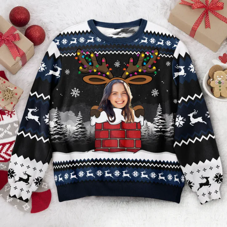 Custom Photo Christmas Reindeer Face- Christmas Gift For Family, Friends - Personalized Ugly Sweatshirt - Image 2