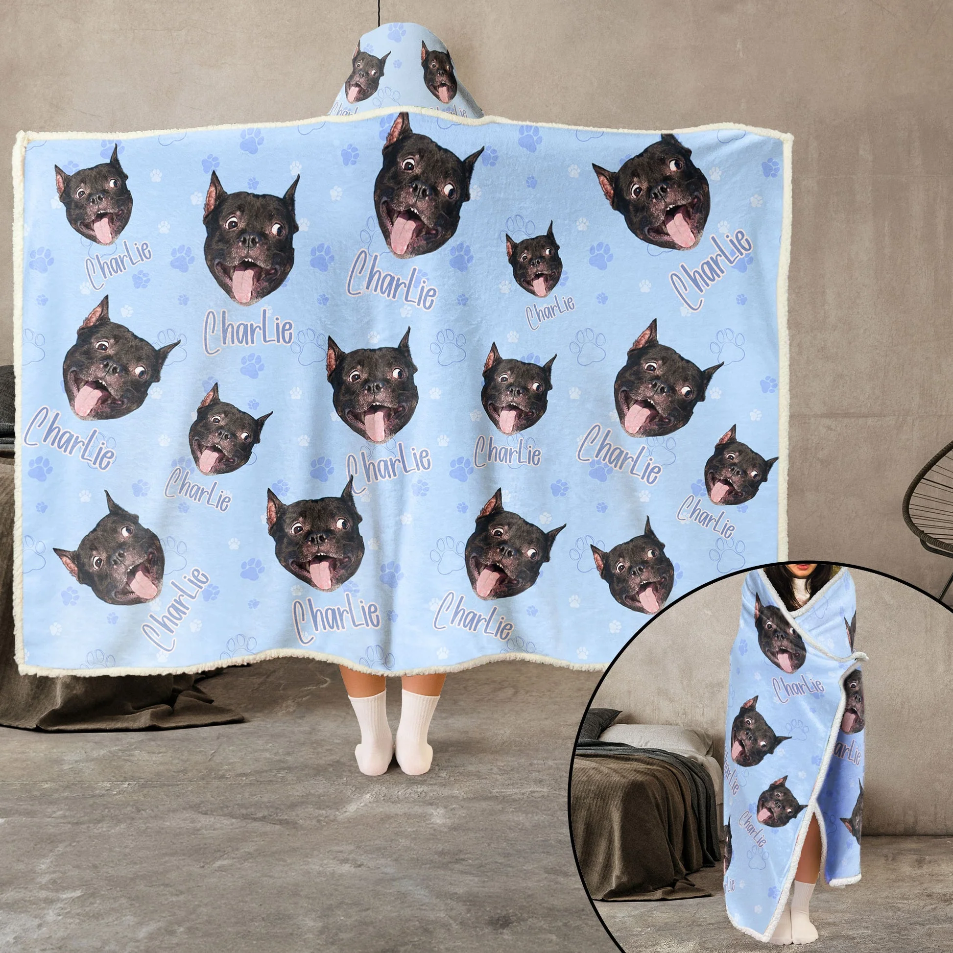 Custom Photo Cute Pet With Paw Paw - Personalized Wearable Hooded Blanket - Gift For Pet Lovers - NA94 - Image 3