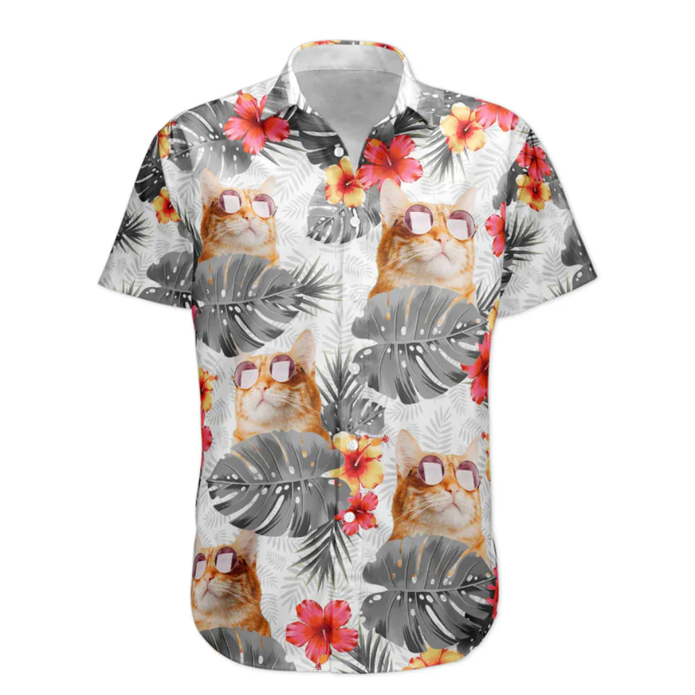 Custom Photo Face Funny Cat With Leaf Tropical - Gift For Cat Lovers - Personalized Hawaiian Shirt - Image 3