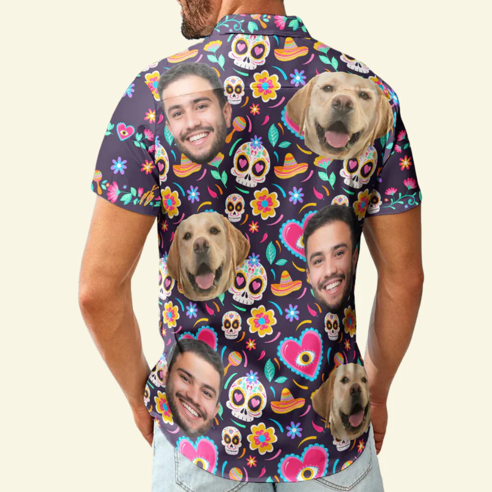 Custom Photo Face Mexican Skull Pattern - Personalized Hawaiian Shirt - Image 2