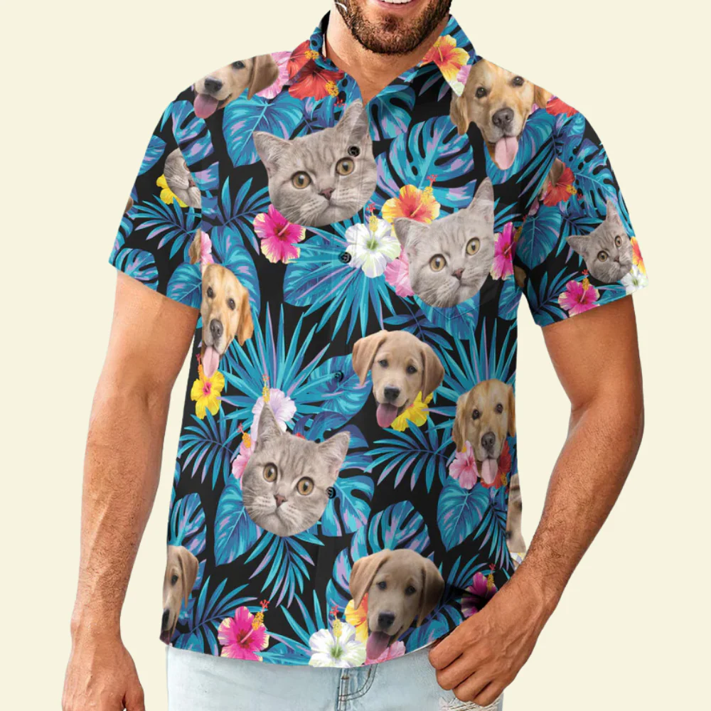 Custom Photo Face Tropical Floral Cat, Dog - Gift For Pet Lovers - Personalized Hawaiian Shirt