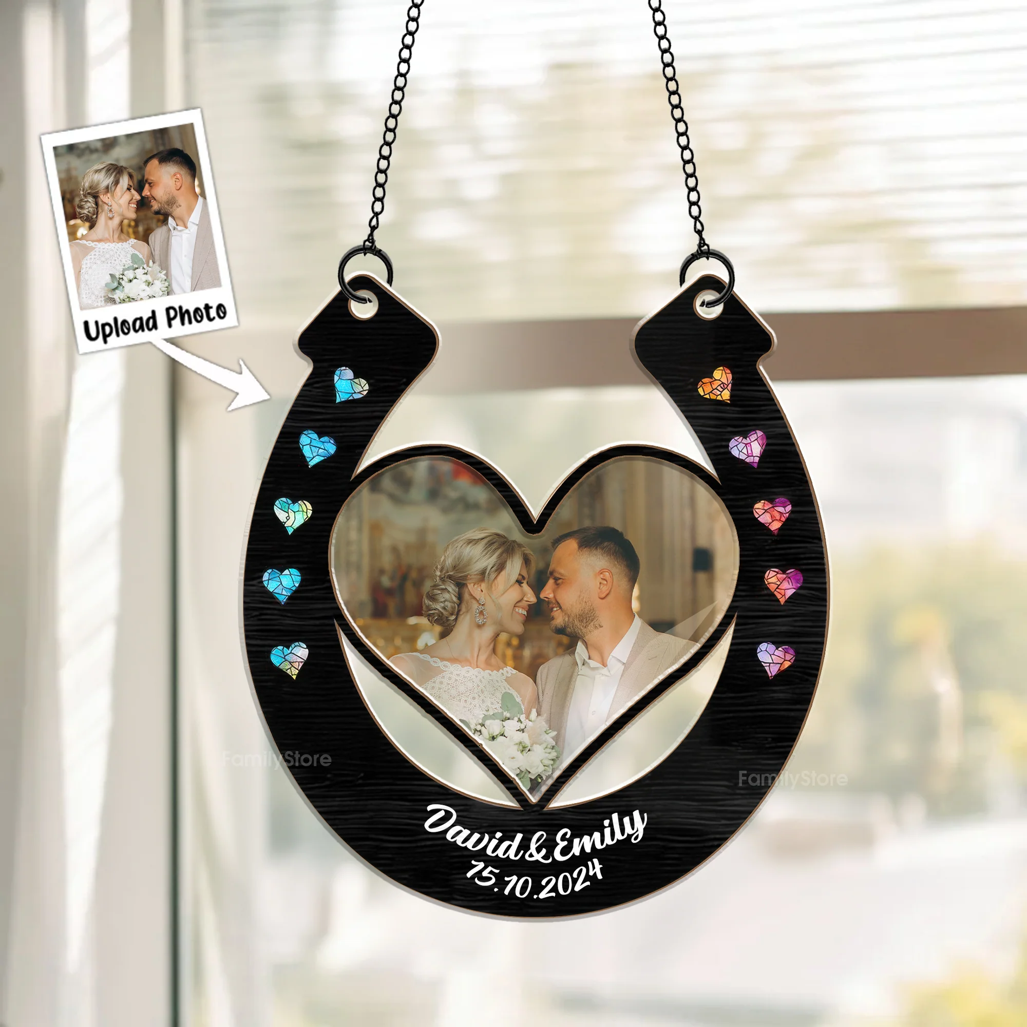 Custom Photo Good Luck Wedding Horseshoe - Gift For Couple - Personalized Window Hanging Window Hanging Suncatcher Ornament NH96