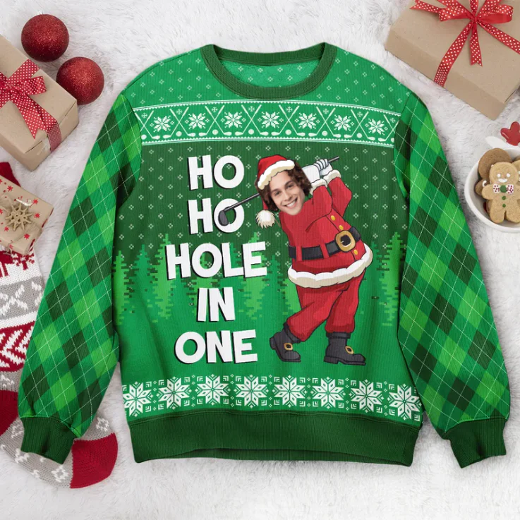Custom Photo Ho Ho Hole In One - Christmas Gift For Boyfriend, Husband Wife, Anniversary - Personalized Ugly Sweatshirt