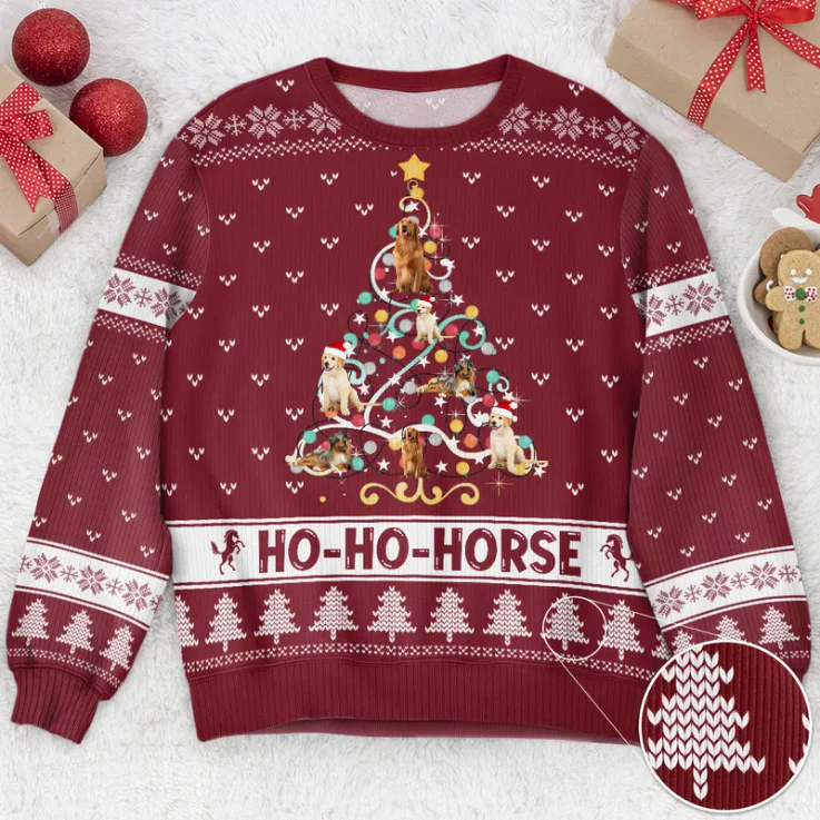 Custom Photo Ho Ho Horse Funny Christmas Tree - Christmas Gift For Pet Lovers - Personalized Ugly Sweatshirt