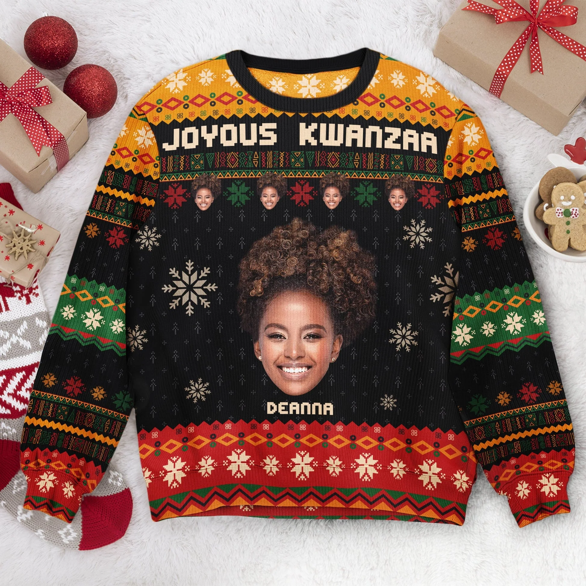 Custom Photo Joyous Kwanzaa - Personalized Ugly Sweater - Christmas Gift For Family Member HD95