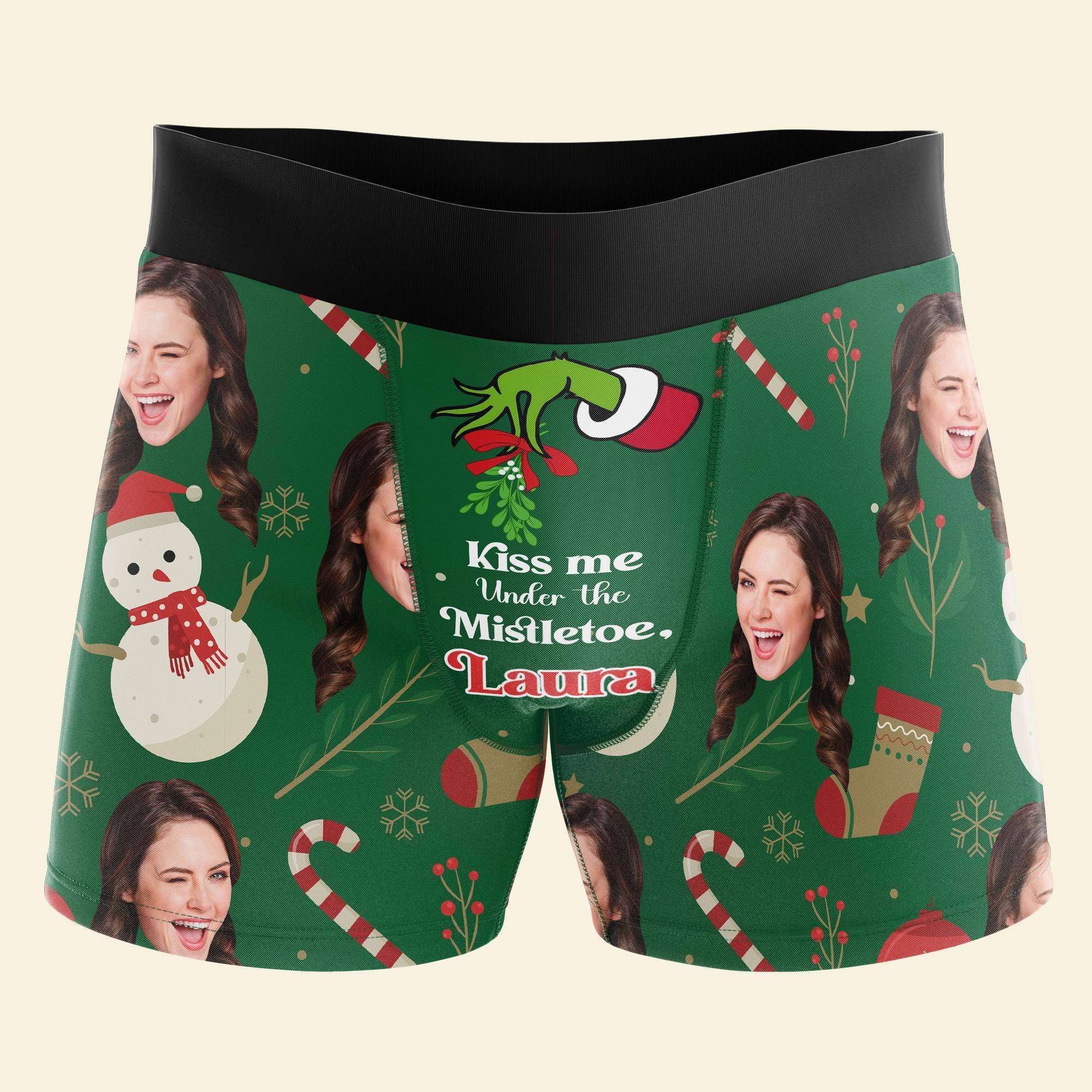 Custom Photo Kiss Me Under The Mistletoe - Gift For Boyfriend, Husband, Anniversary - Funny Personalized Custom Boxer Briefs, Men's Boxers NH96