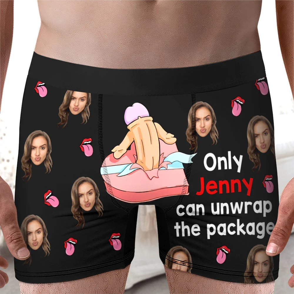 Custom Photo Only You Can Unwrap The Package - Gift For Boyfriend, Husband, Anniversary - Funny Personalized Custom Boxer Briefs, Men's Boxers NH96