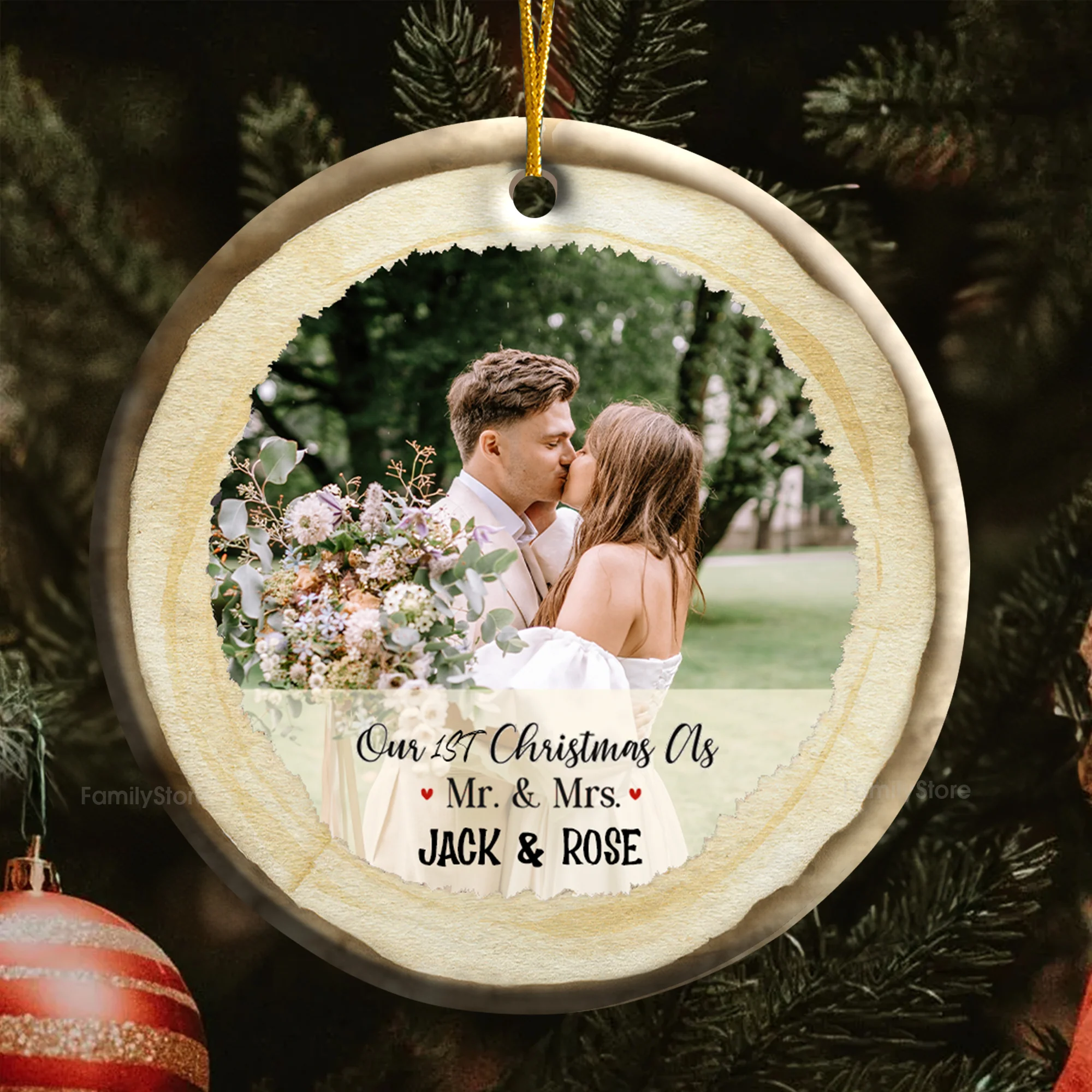 Custom Photo Our First Christmas As Mr & Mrs - Gift for Couples, Wedding - Personalized Ceramic Ornament - Crawl NH96 - Image 5