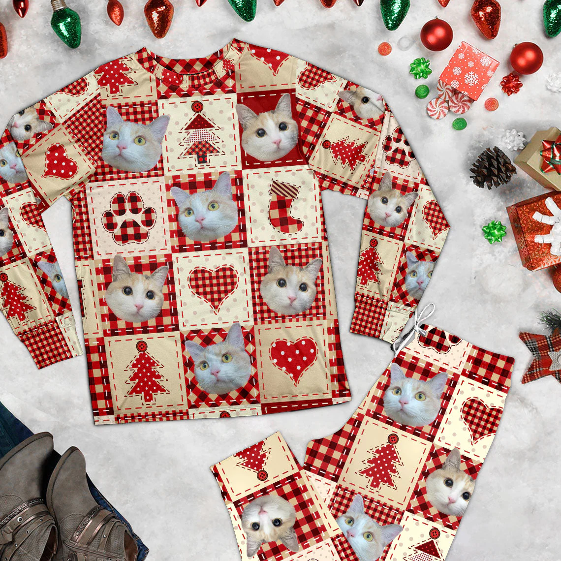 Custom Photo Pet Christmas Red Patterns - Personalized Unisex Pajamas Set - Gift For Pet Lovers, Pet Owners - NA94 - Image 3