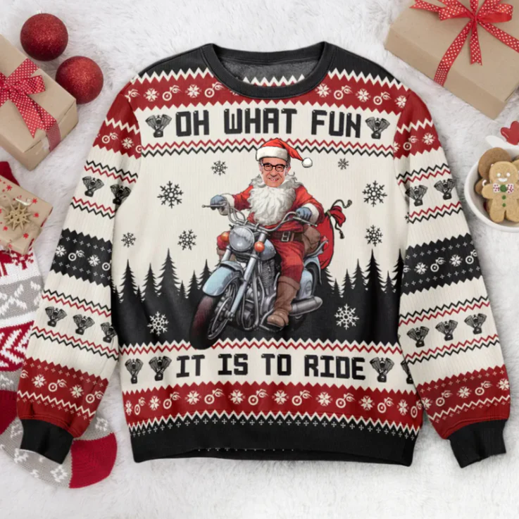 Custom Photo Santa Driving Motorcycles - Christmas Gift For Family, Friends - Personalized Ugly Sweatshirt