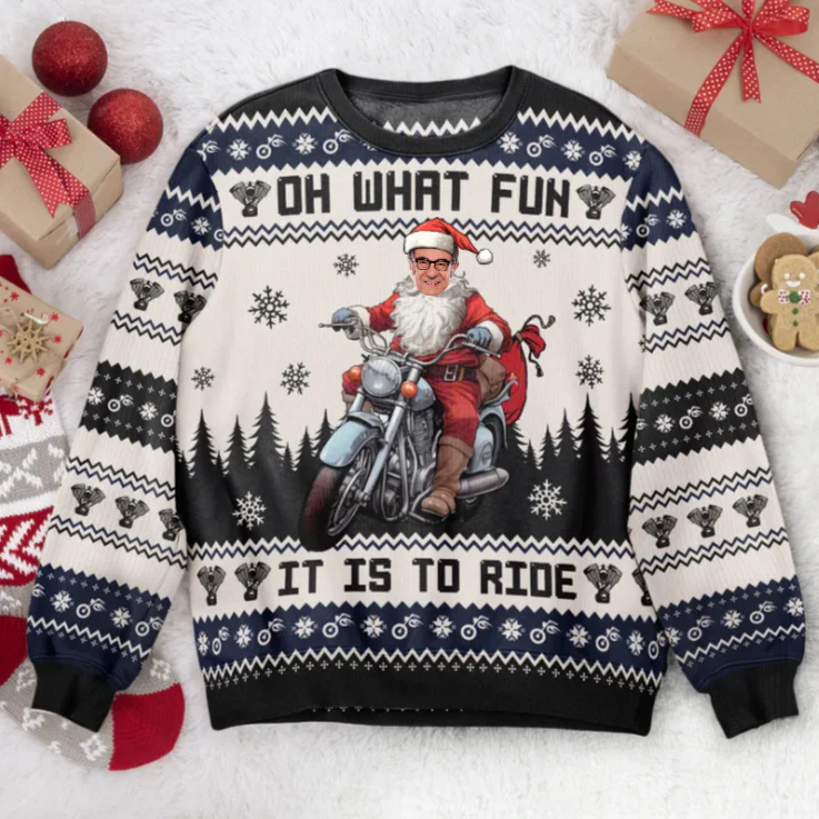 Custom Photo Santa Driving Motorcycles - Christmas Gift For Family, Friends - Personalized Ugly Sweatshirt - Image 2