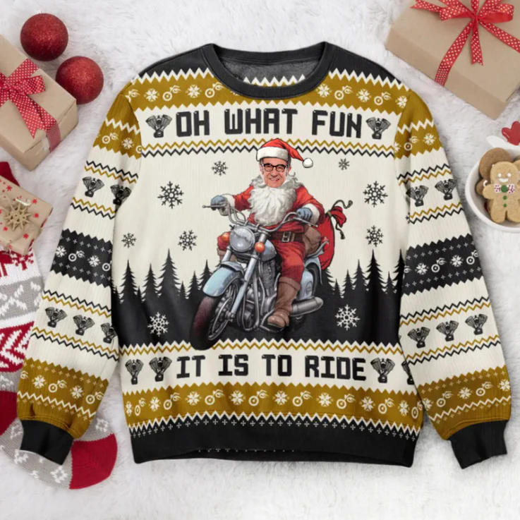 Custom Photo Santa Driving Motorcycles - Christmas Gift For Family, Friends - Personalized Ugly Sweatshirt - Image 3