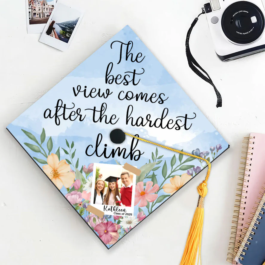 Custom Photo The Best View Comes After The Hardest Climb - Personalized Graduation Cap Topper | NA94 - Image 4