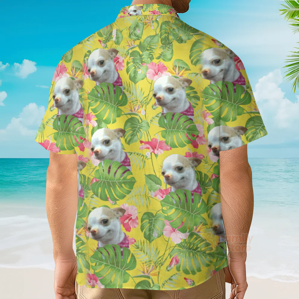 Custom Photo Tropical Leaf With Funny Chihuahua Dog - Hawaiian Shirt - Image 2