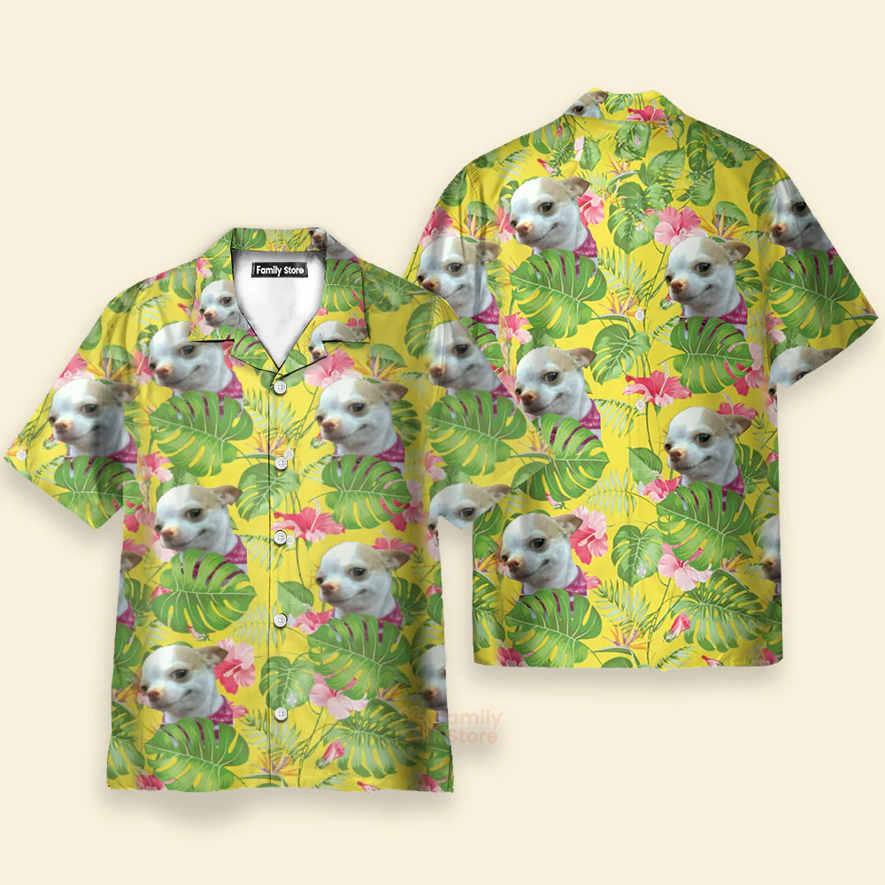 Custom Photo Tropical Leaf With Funny Chihuahua Dog - Hawaiian Shirt - Image 4