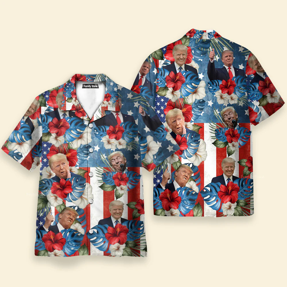 Custom Photo Trump American Flag Tropical Independence Day Hawaii Shirt - Image 3