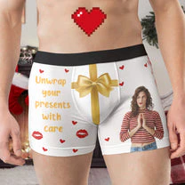 Custom Photo Unwrap Your Presents With Care - Gift For Boyfriend, Husband, Anniversary - Funny Personalized Custom Boxer Briefs, Men's Boxers NH96 - Image 2