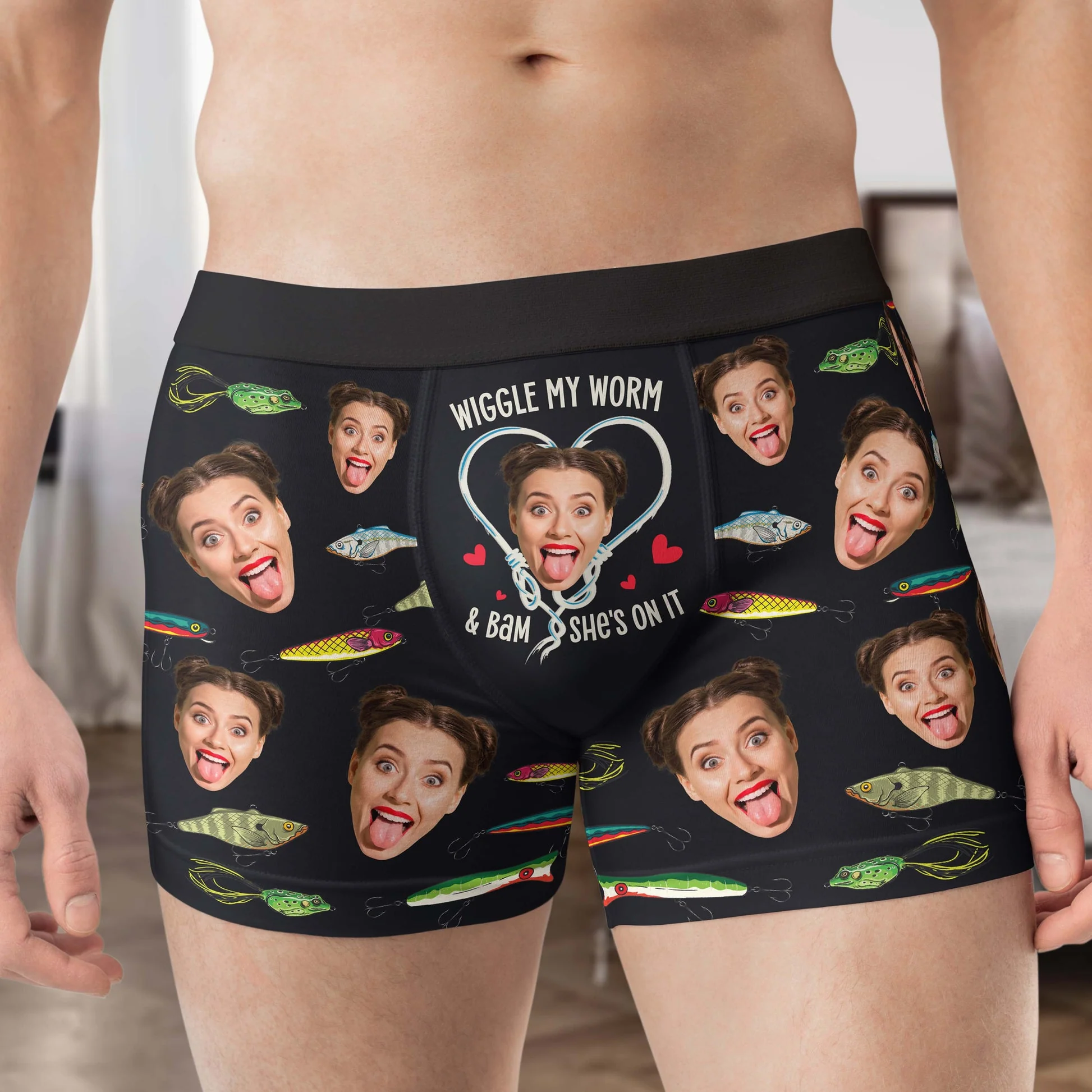 Custom Photo Wiggle My Worm & Bam She's On It - Gift For Boyfriend, Husband, Anniversary - Funny Personalized Custom Boxer Briefs, Men's Boxers