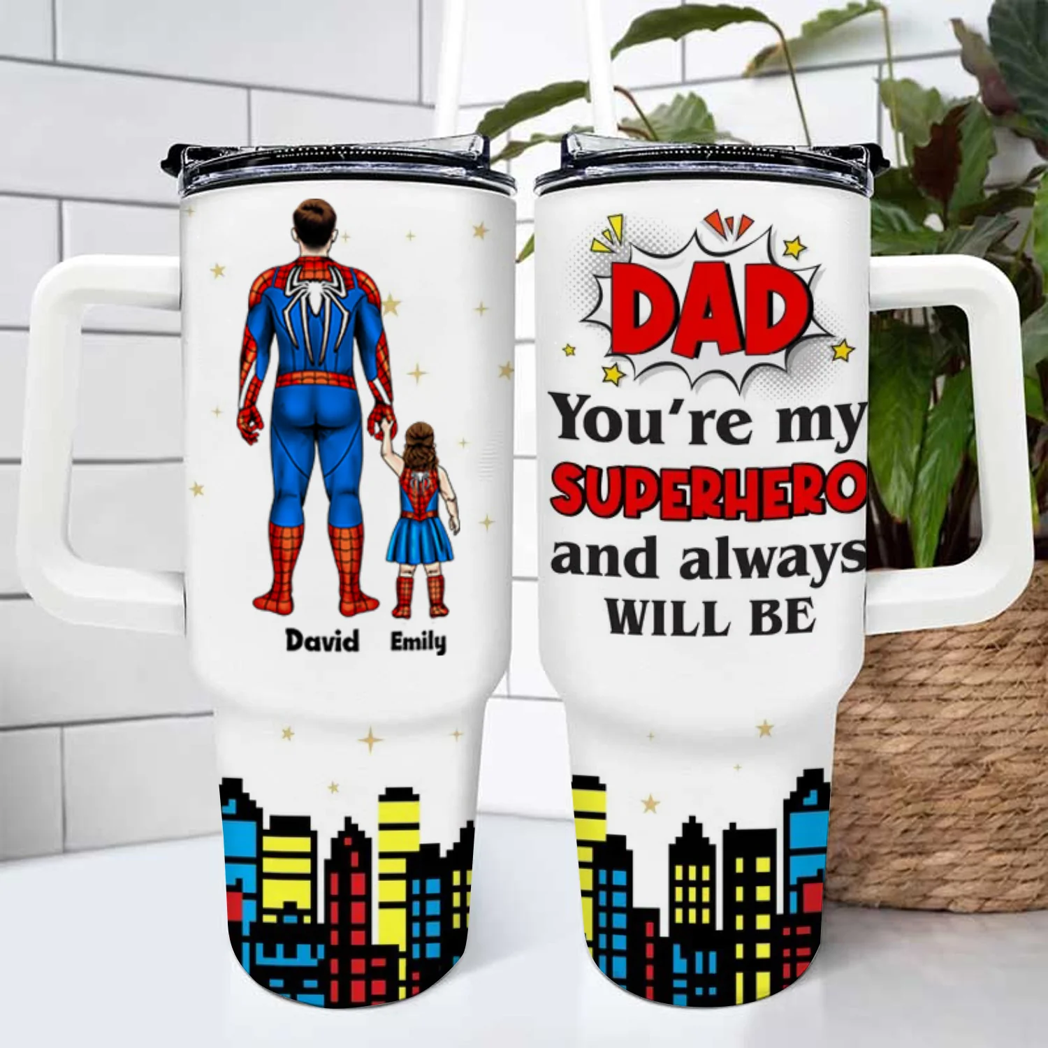 Dad My Superhero And Always Be - Gift For Father's Day - Personalized 40oz Tumbler Cup With Straw - Image 2