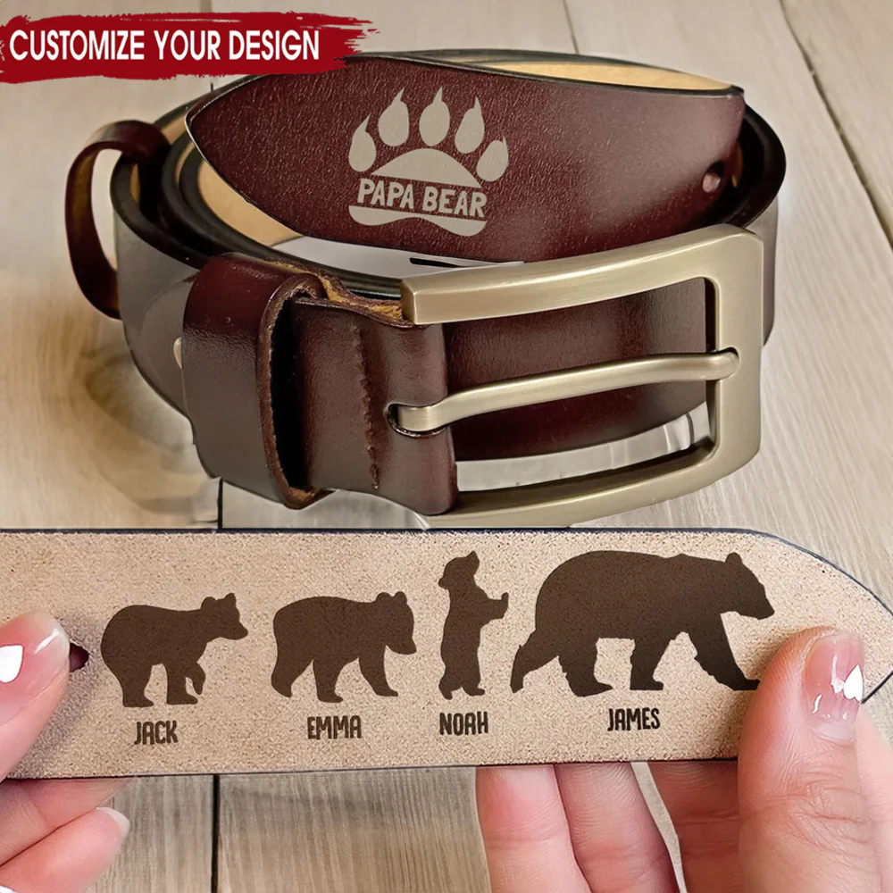 Daddy Bear And Cubs - Gift For Dad, Father's Day - Personalized Engraved Leather Belt - Image 2