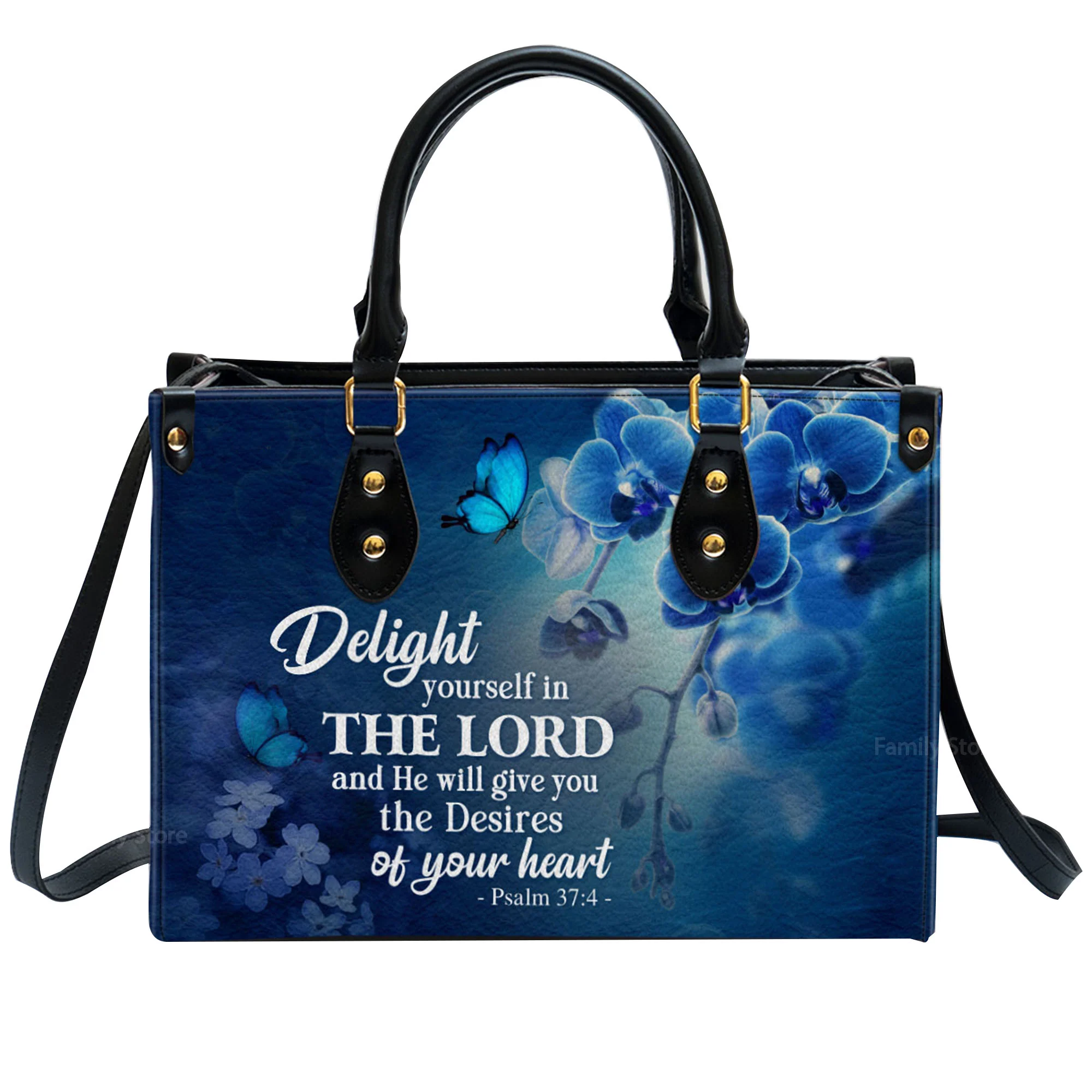 Delight Yourself In The Lord Psalm 374 Blue Orchids And Lilac - Thoughtful Gift For Christians - Personalized Leather Handbag With Handle - AT4080922 - Image 2