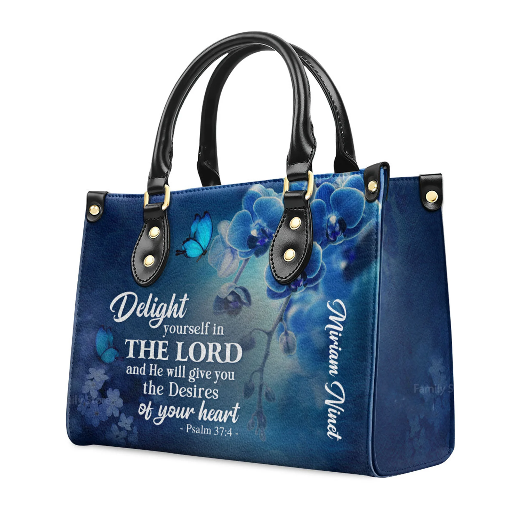 Delight Yourself In The Lord Psalm 374 Blue Orchids And Lilac - Thoughtful Gift For Christians - Personalized Leather Handbag With Handle - AT4080922 - Image 3