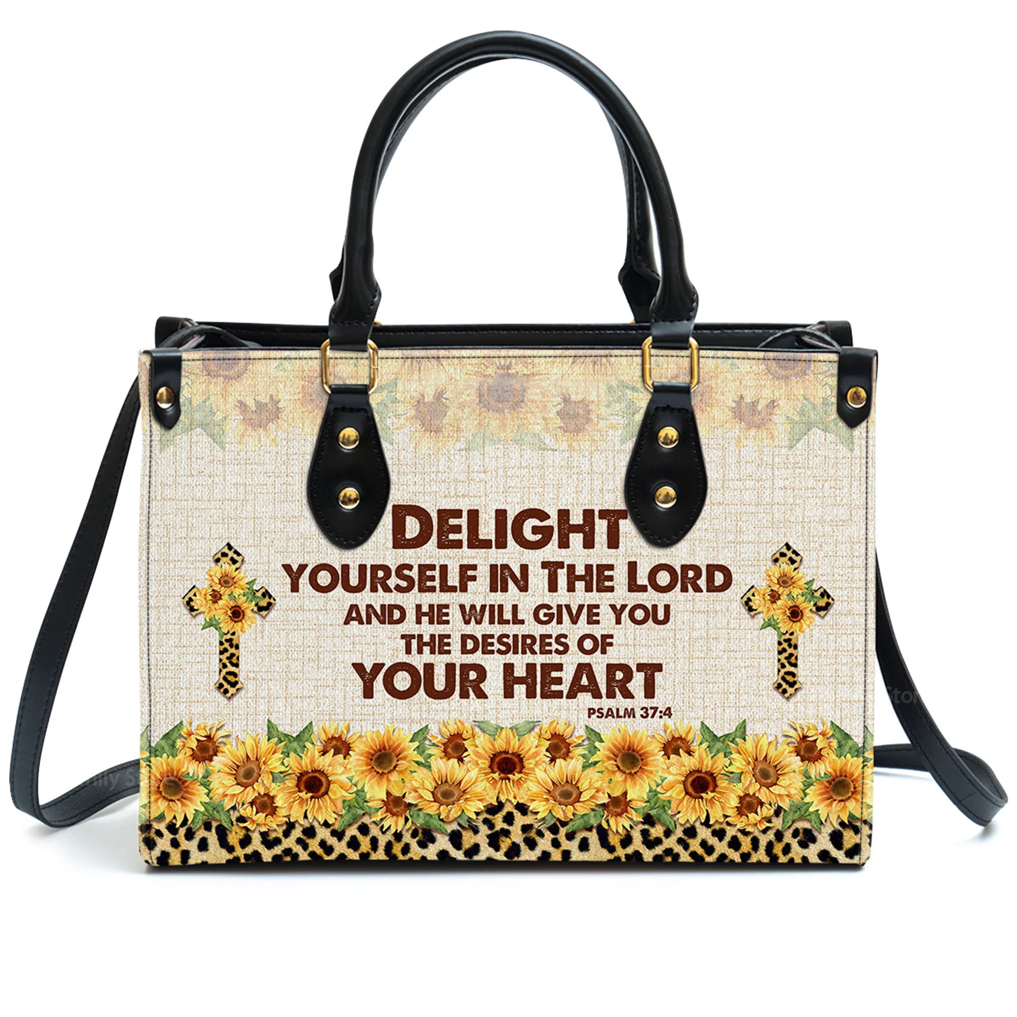 Delight Yourself In The Lord Psalm 374 Sunflower And Cross - Unique Personalized Leather Handbag - AT4080930 - Image 2