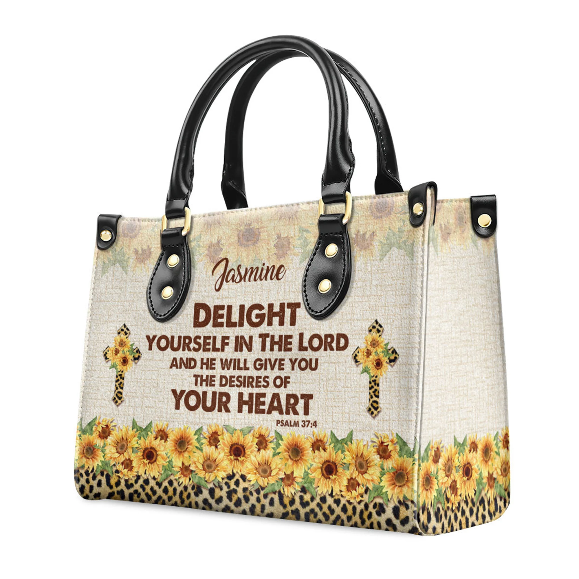 Delight Yourself In The Lord Psalm 374 Sunflower And Cross - Unique Personalized Leather Handbag - AT4080930 - Image 3