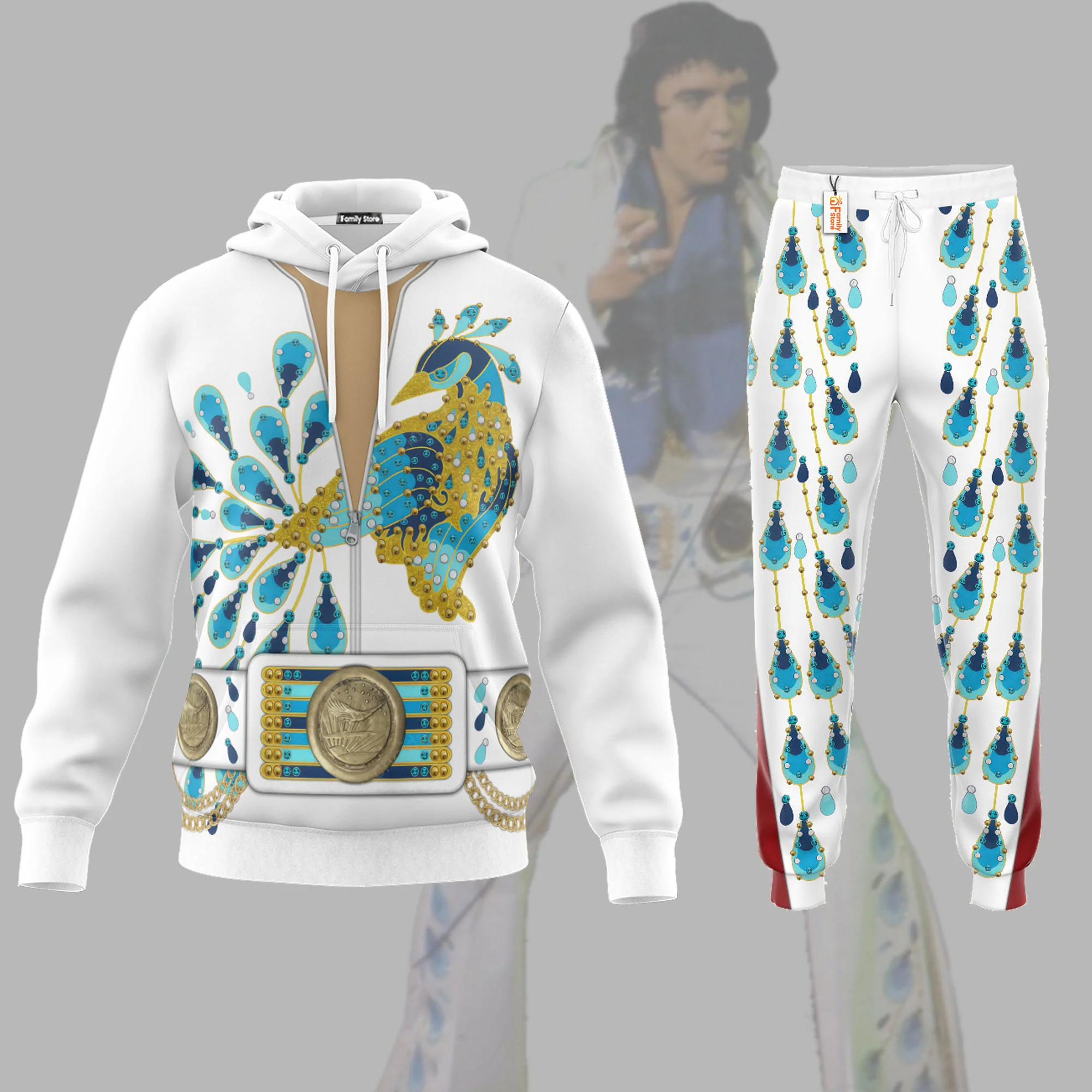 Elvis Presley Peacock Outfit - Costume Cosplay Hoodie Sweatshirt Sweatpants CSELV004
