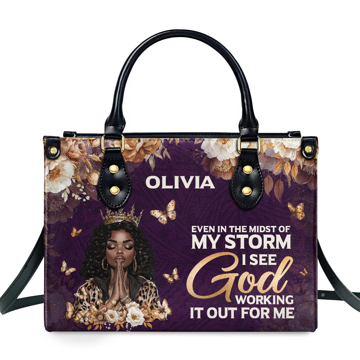 Even In My Storm God Working It Out - Custom Afrocentric Purple Leather Handbag - Religious Gift For Her HD95