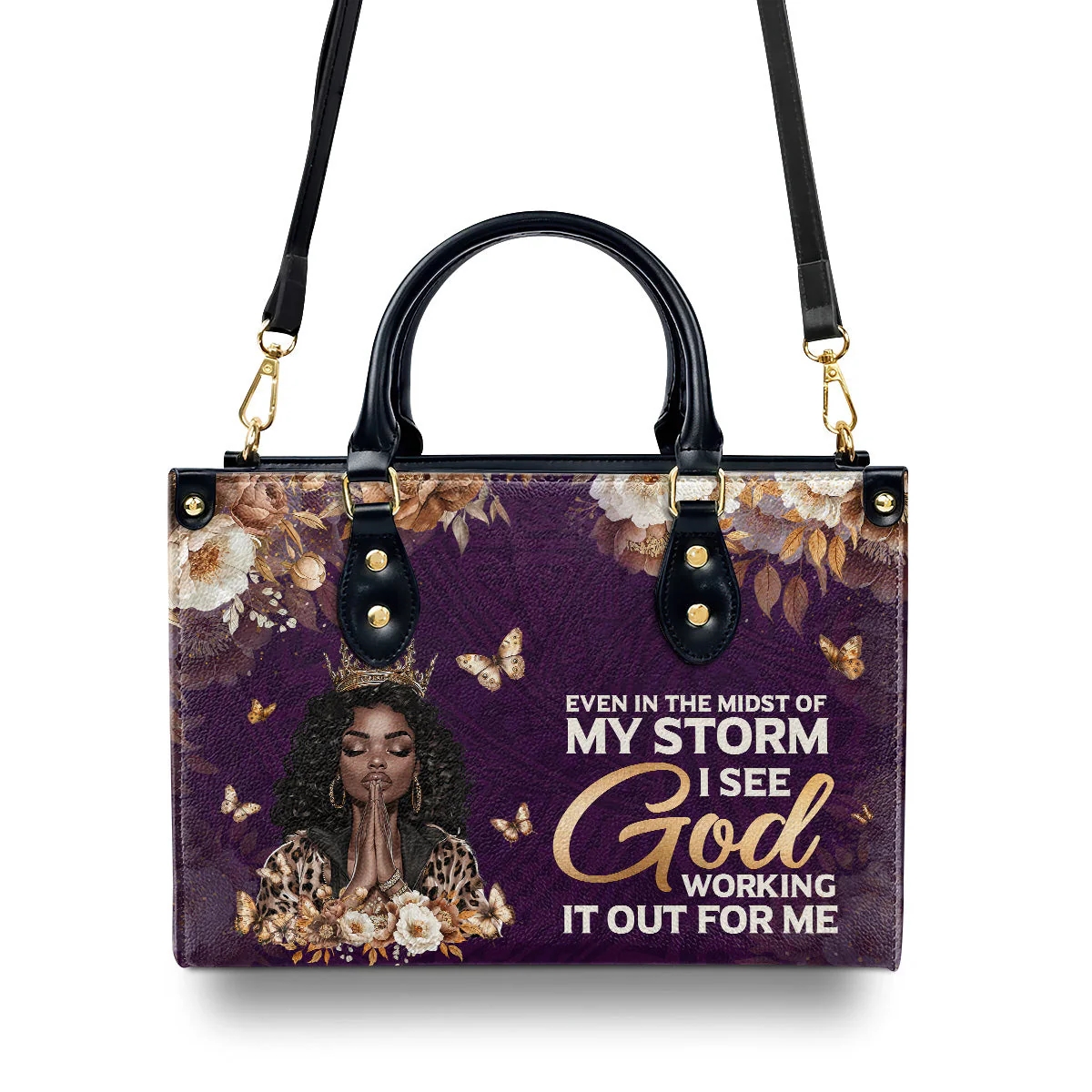 Even In My Storm God Working It Out - Custom Afrocentric Purple Leather Handbag - Religious Gift For Her HD95 - Image 2