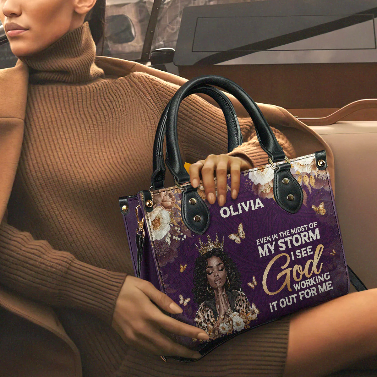 Even In My Storm God Working It Out - Custom Afrocentric Purple Leather Handbag - Religious Gift For Her HD95 - Image 3