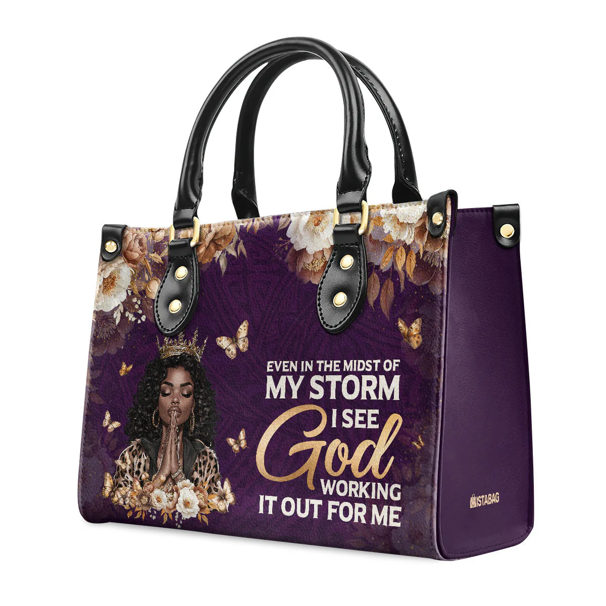 Even In My Storm God Working It Out - Custom Afrocentric Purple Leather Handbag - Religious Gift For Her HD95 - Image 4