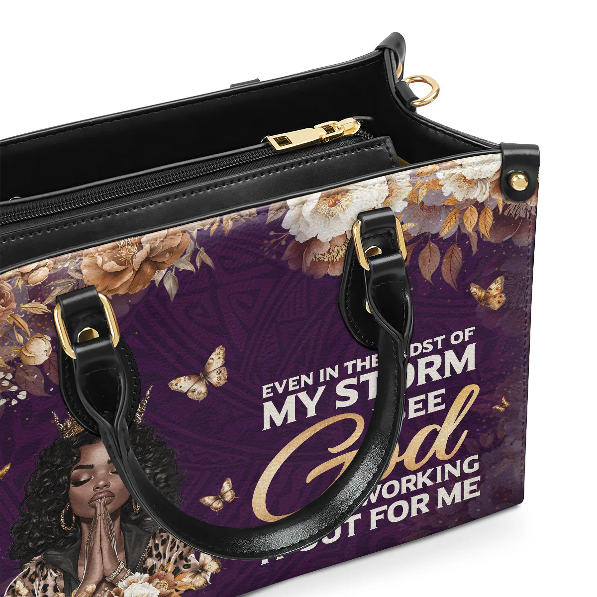 Even In My Storm God Working It Out - Custom Afrocentric Purple Leather Handbag - Religious Gift For Her HD95 - Image 6