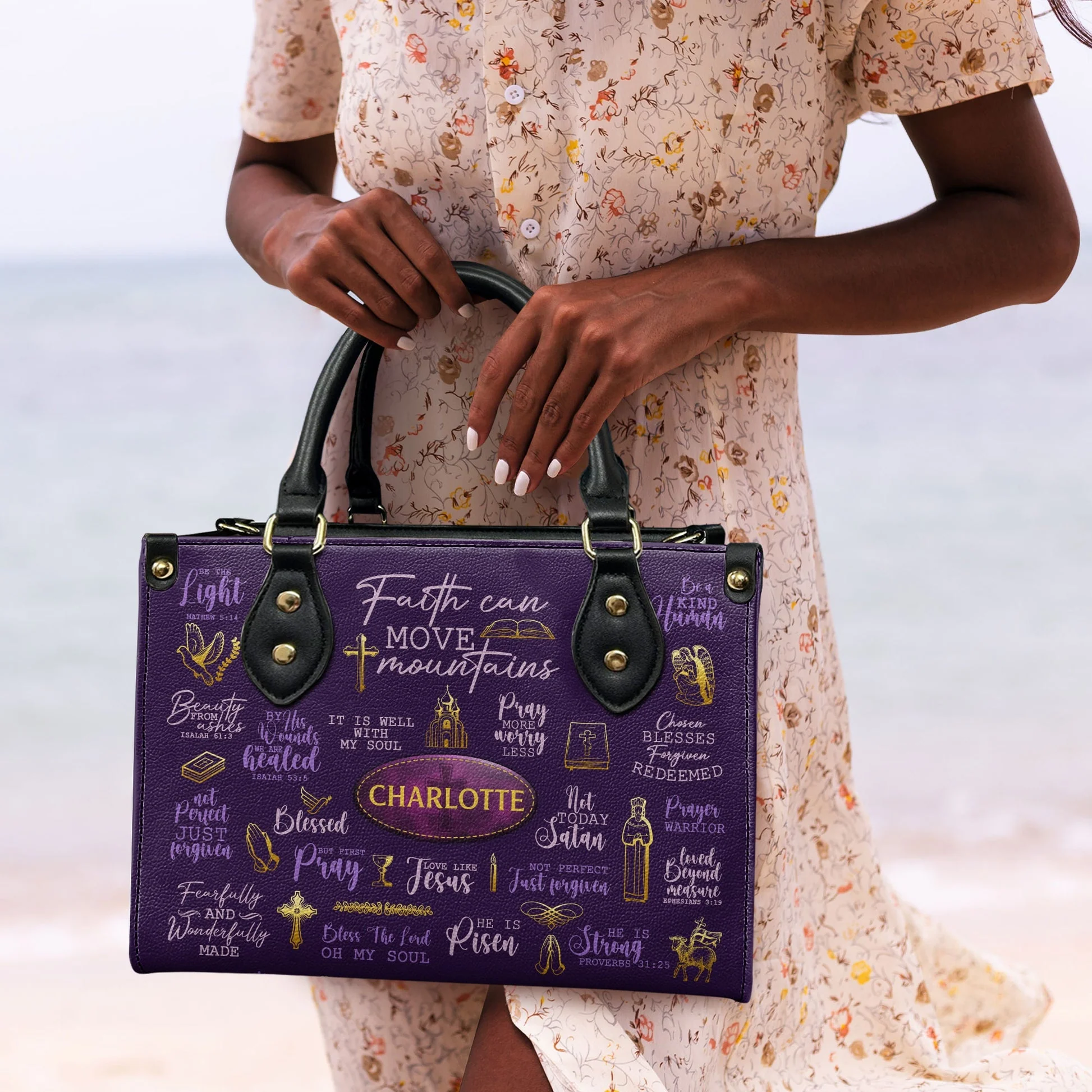 Faith Can Move Mountains Purple Bible Verses - Personalized Leather Handbag - Christian Gift For Women HD95 - Image 2
