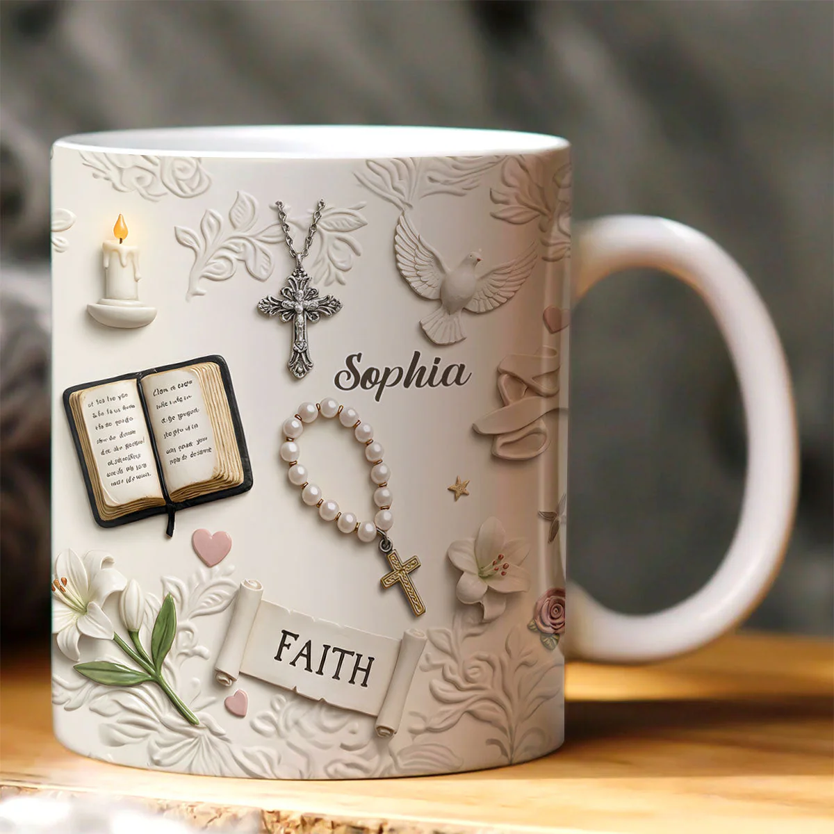 Faith Christian Cross & Rosary - Custom 3D Inflated Effect Personalized White Edge-to-Edge Mug - Christian Gift BA01